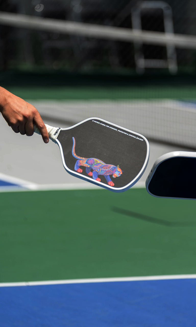 Person holding an hola pickleball paddle with a colorful design on a court